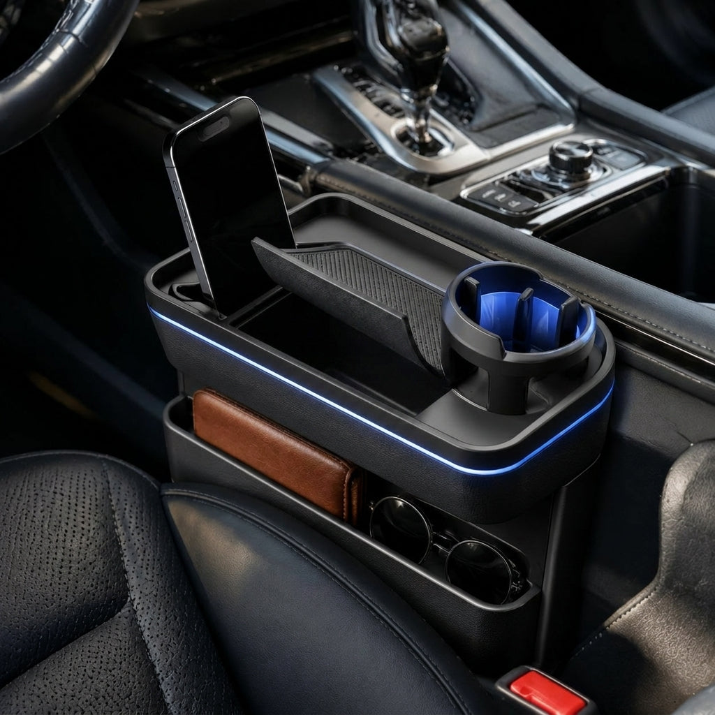Zunavya™ BlueLine Command Center Car Organizer with Phone Dock, Adjustable Cup Holder & Dual-Level Storage