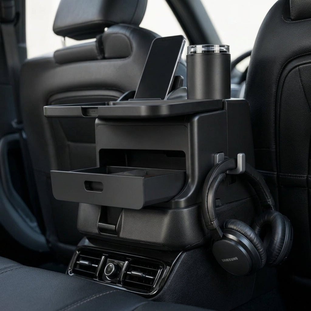 Zunavya™ RoadDesk Elite Car Console Organizer with Folding Tray, Storage Drawer, Phone Dock, Cup Holder & Headphone Hook