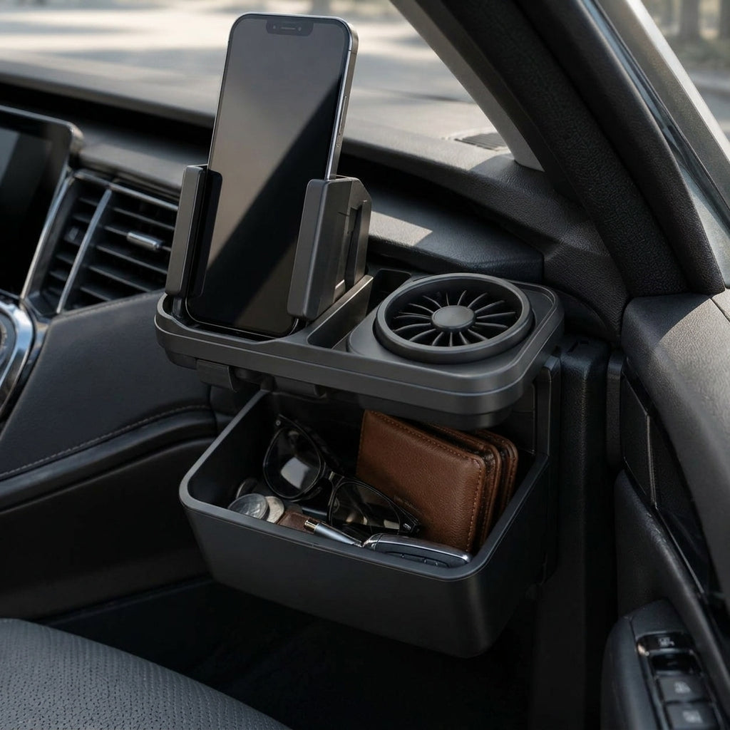 Zunavya™ AeroNest 2-in-1 Car Phone Holder & Personal Cooling Organizer with Deep Storage Bin