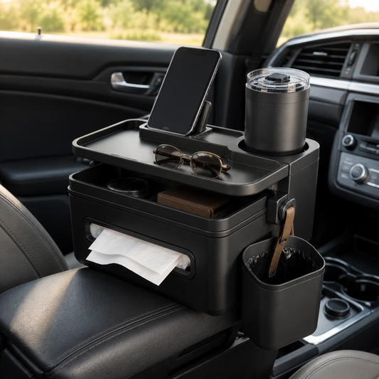 Zunavya™ RoadNest Modular Car Console Organizer with Slide-Out Tray, Tissue Dispenser, Phone Dock & Hanging Storage