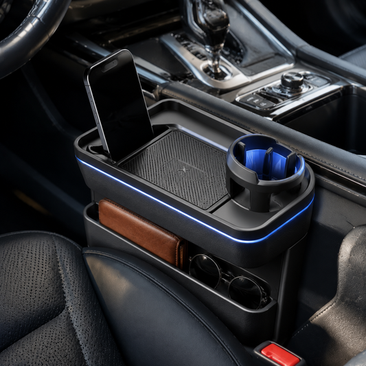 Zunavya™ BlueLine Command Center Car Organizer with Phone Dock, Adjustable Cup Holder & Dual-Level Storage