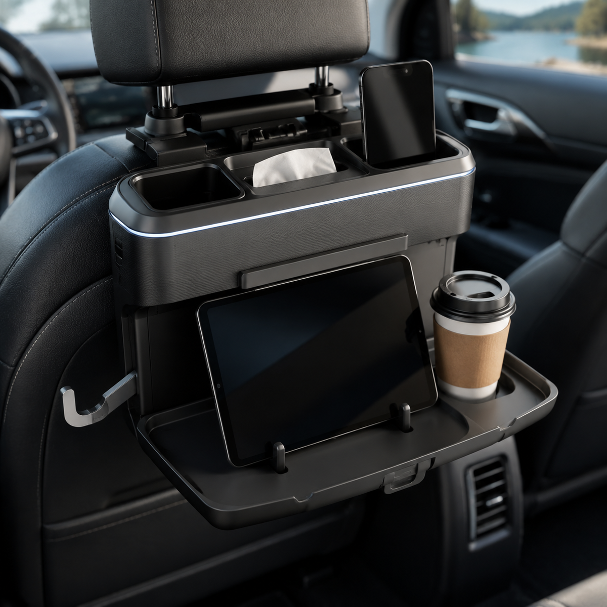 Zunavya™ RoadMate Fold-Down Backseat Travel Station with Tablet Stand, Cup Holder & Multi-Zone Storage