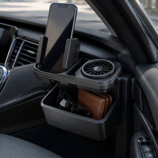 Zunavya™ AeroNest 2-in-1 Car Phone Holder & Personal Cooling Organizer with Deep Storage Bin