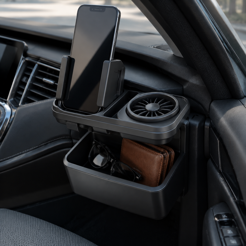 Zunavya™ AeroNest 2-in-1 Car Phone Holder & Personal Cooling Organizer with Deep Storage Bin