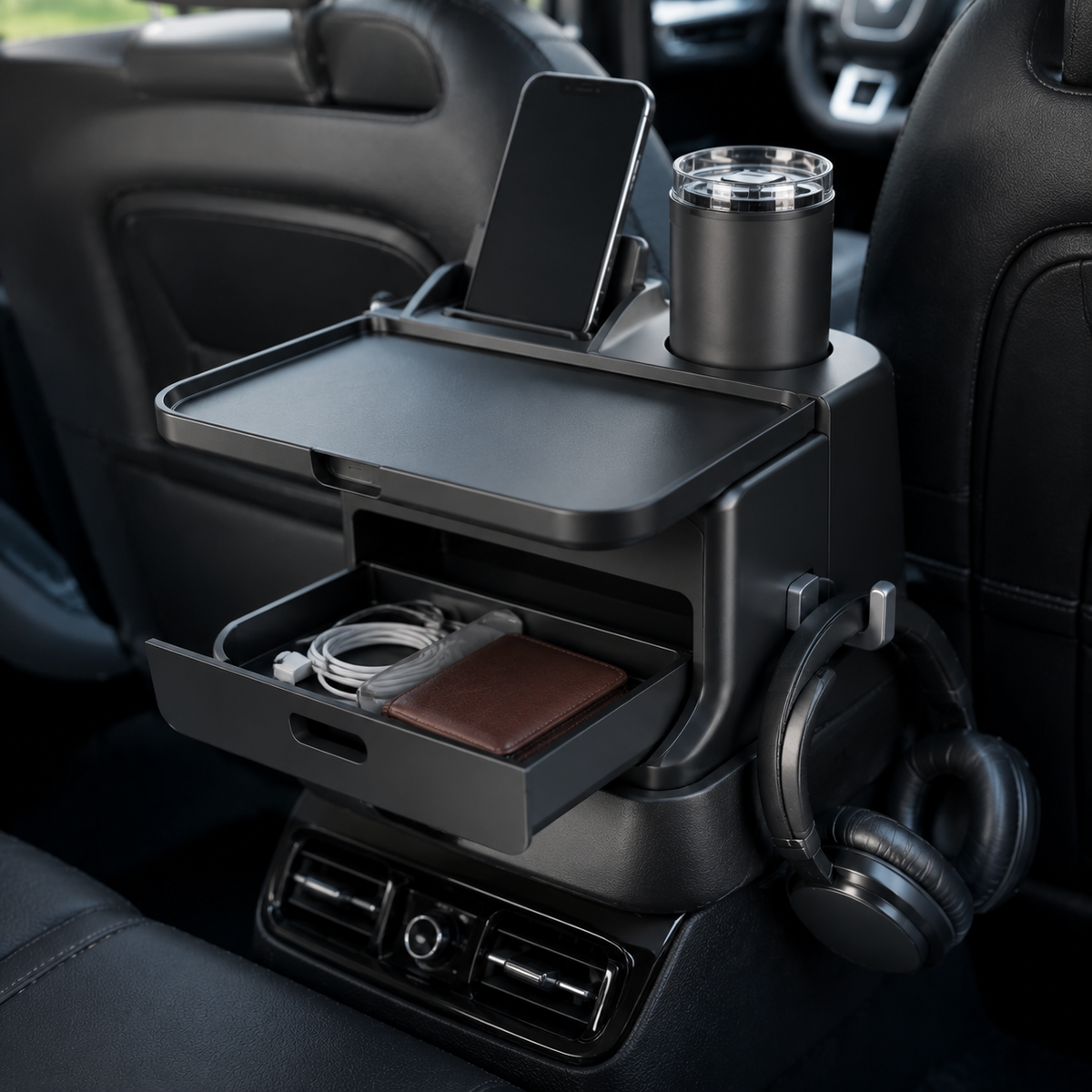 Zunavya™ RoadDesk Elite Car Console Organizer with Folding Tray, Storage Drawer, Phone Dock, Cup Holder & Headphone Hook