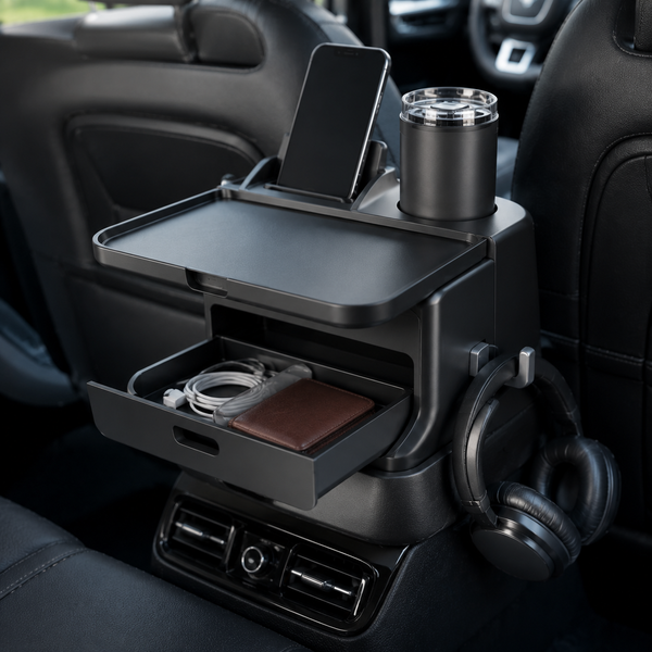 Zunavya™ RoadDesk Elite Car Console Organizer with Folding Tray, Storage Drawer, Phone Dock, Cup Holder & Headphone Hook