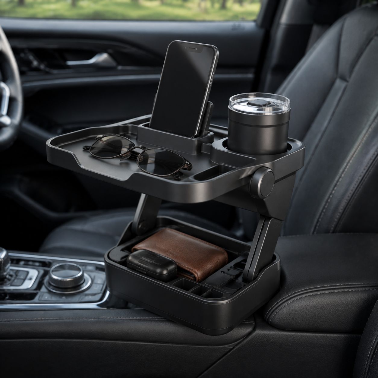 Zunavya™ FlexBridge Modular Car Console Organizer with Elevated Tray, Phone Dock, Cup Holder & Lower Storage Bin