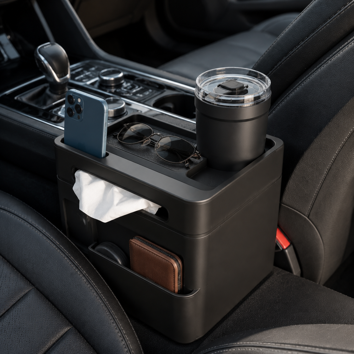 Zunavya™ CabinMate Pro All-in-One Car Console Organizer with Tissue Dispenser, Phone Slot, Cup Holder & Side Storage