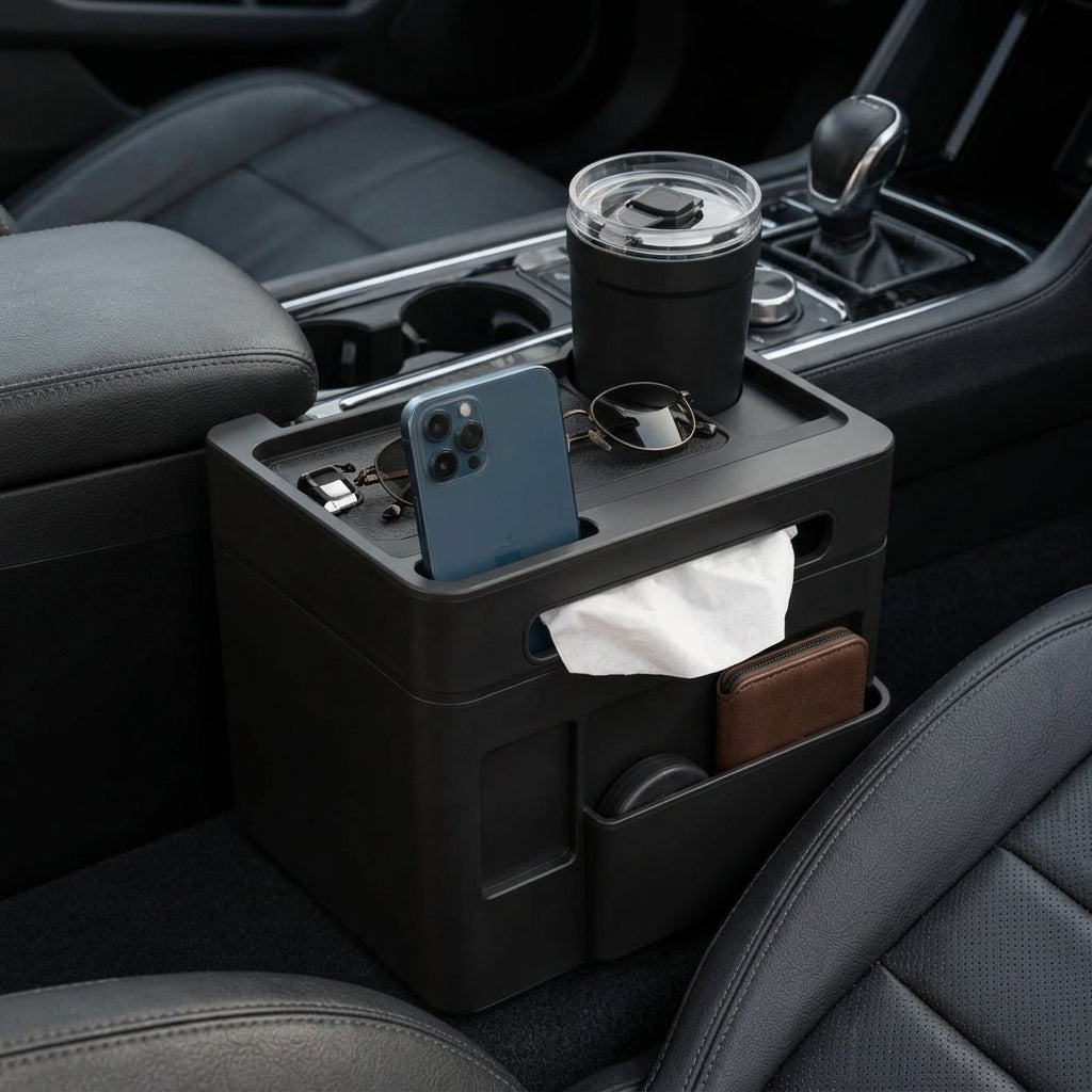 Zunavya™ CabinMate Pro All-in-One Car Console Organizer with Tissue Dispenser, Phone Slot, Cup Holder & Side Storage