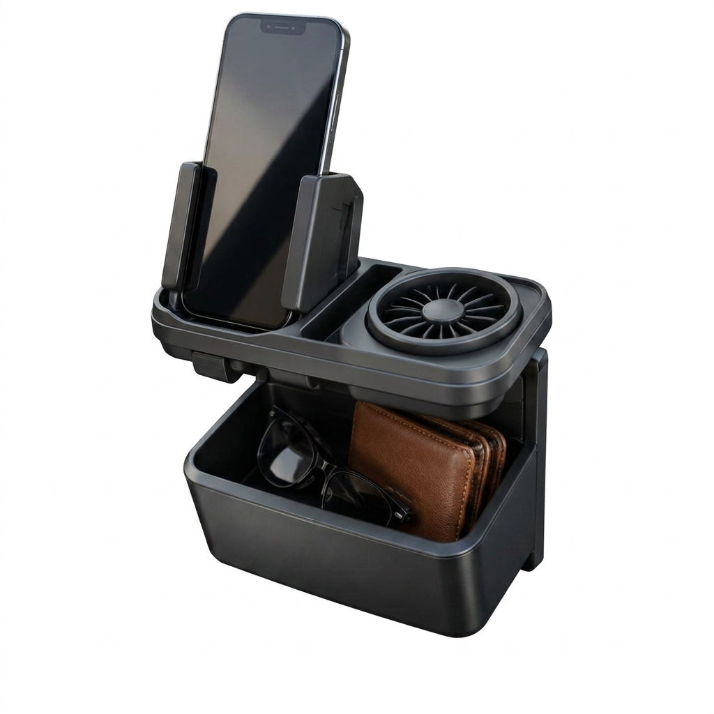 Zunavya™ AeroNest 2-in-1 Car Phone Holder & Personal Cooling Organizer with Deep Storage Bin