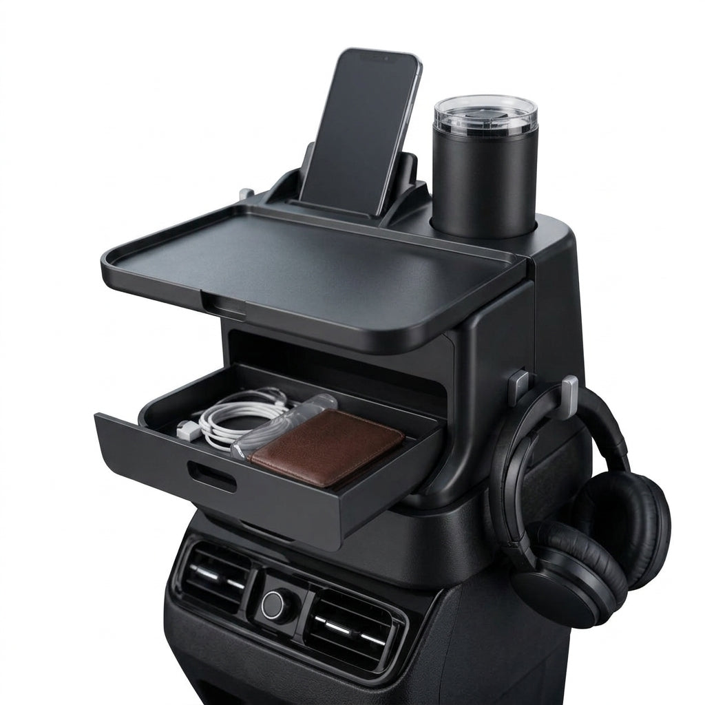 Zunavya™ RoadDesk Elite Car Console Organizer with Folding Tray, Storage Drawer, Phone Dock, Cup Holder & Headphone Hook