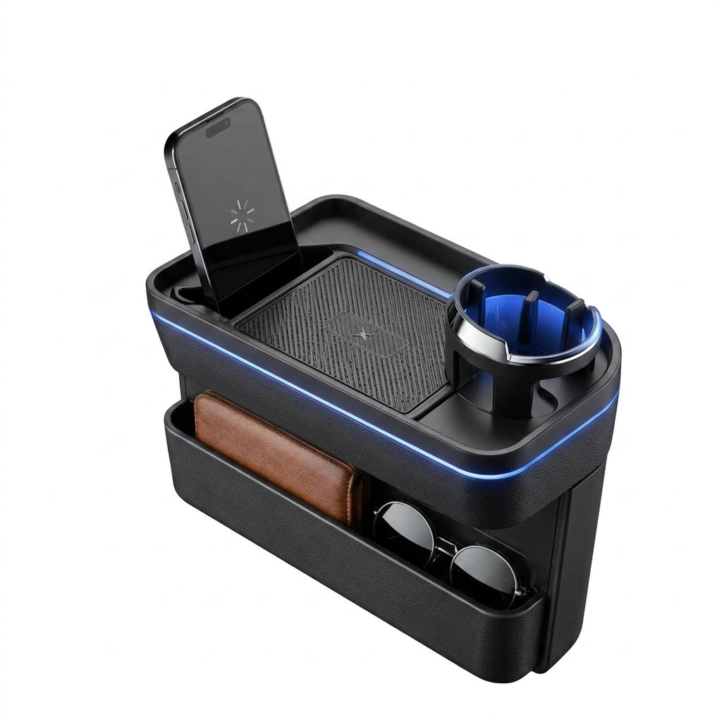 Zunavya™ BlueLine Command Center Car Organizer with Phone Dock, Adjustable Cup Holder & Dual-Level Storage
